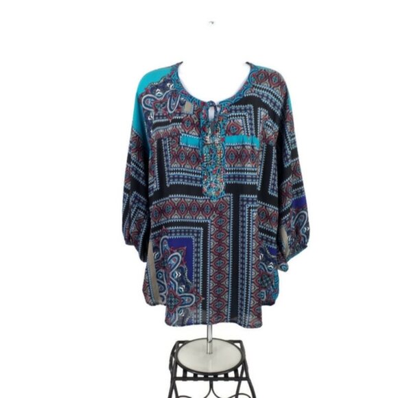 Figueroa & Flower Boho Patchwork Print 3/4 Sleeve Popover Blouse Womens Large - Picture 2 of 15